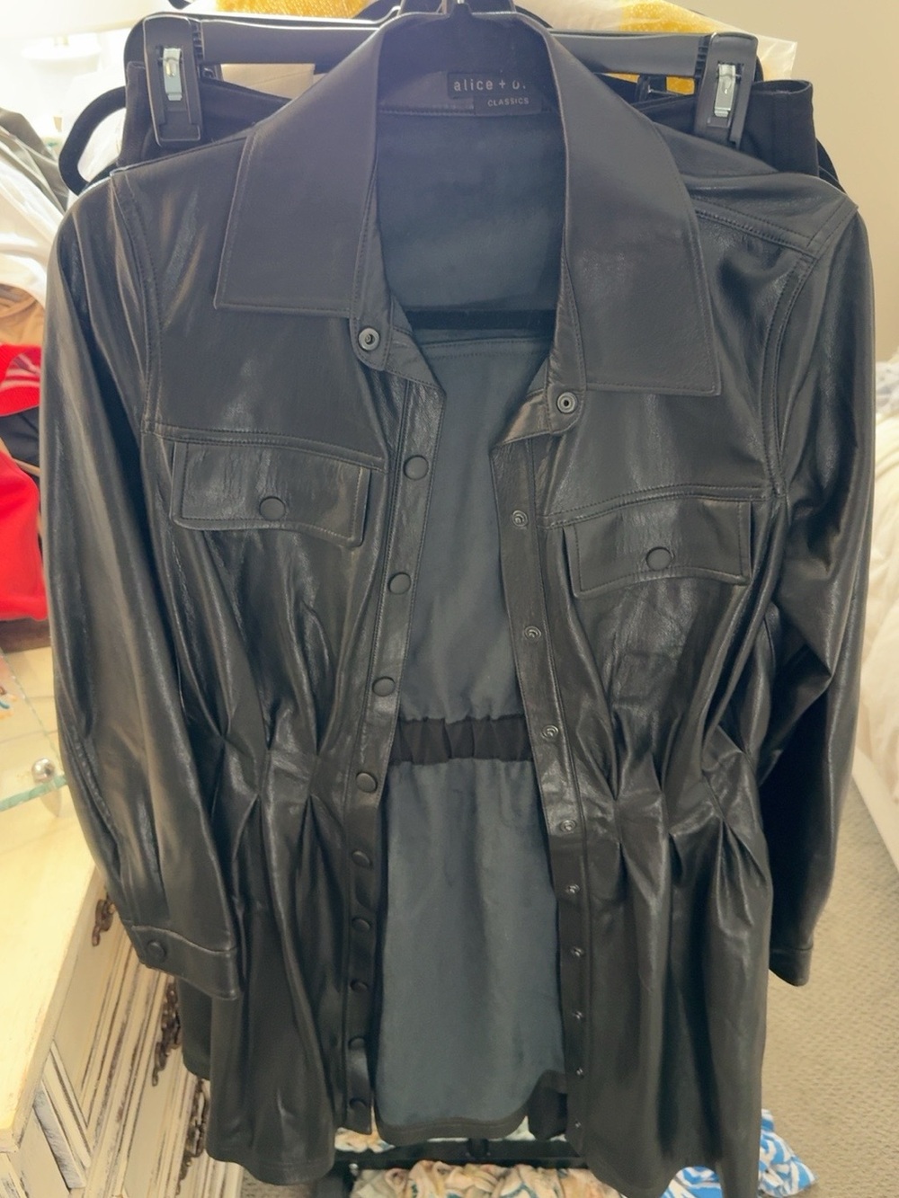Alice + Olivia Black Leather Button-Front Jacket with Cinched Waist